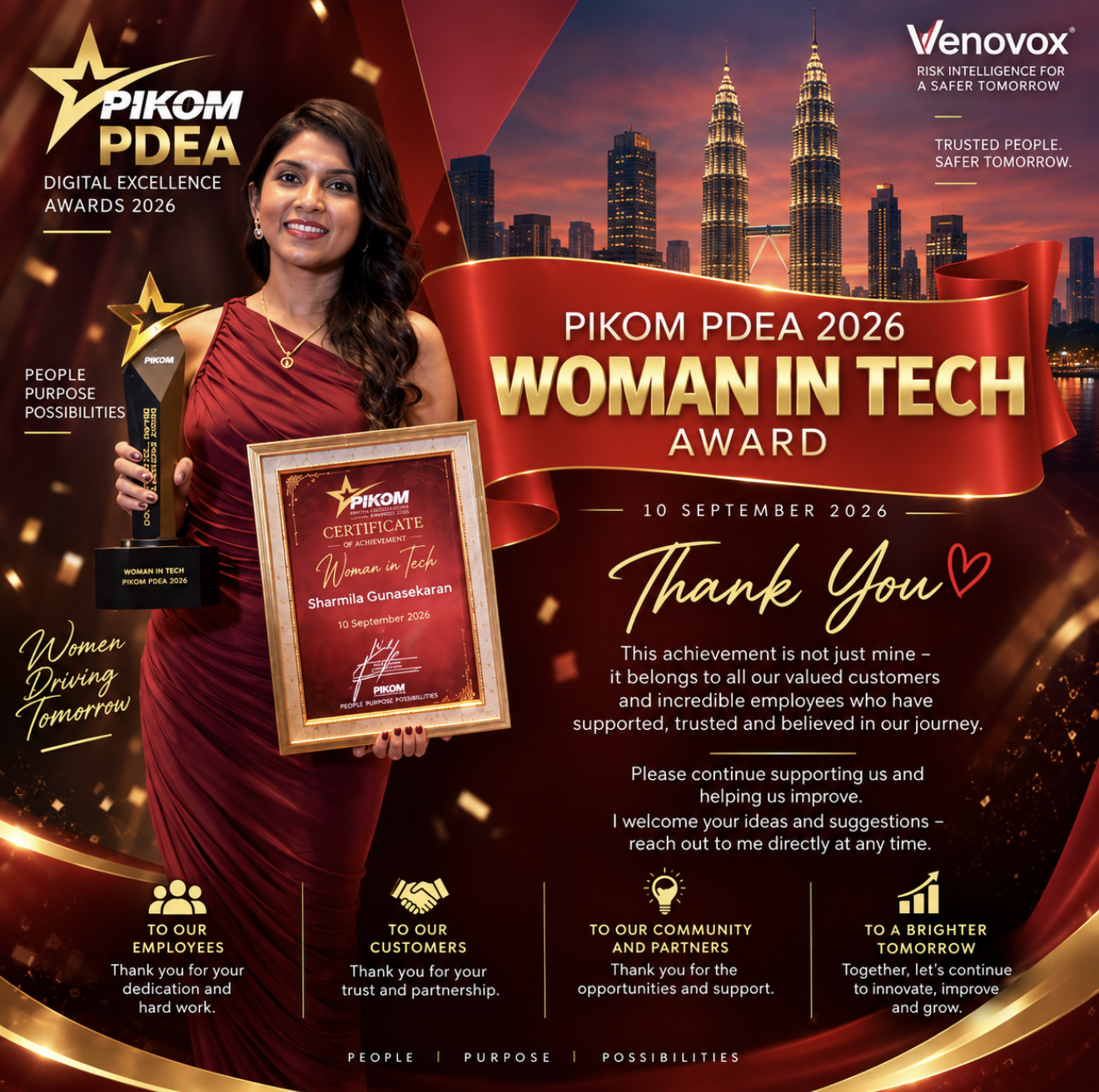 Sharmila Gunasekaran, Venovox CEO, with the PIKOM PDEA 2026 Woman in Tech Award, original award artwork